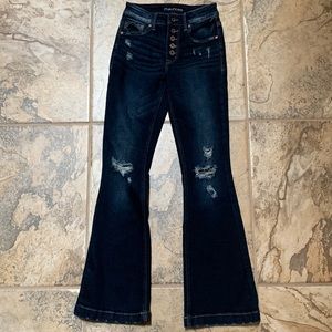 Maurice’s High Rise Flare stretch button- up distressed Jeans 0 Reg